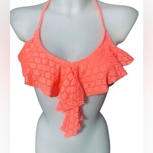 Roxy Swim Mango Coloured Crocheted Lacy Halter Ruffle Bikini Top Size Small NWT